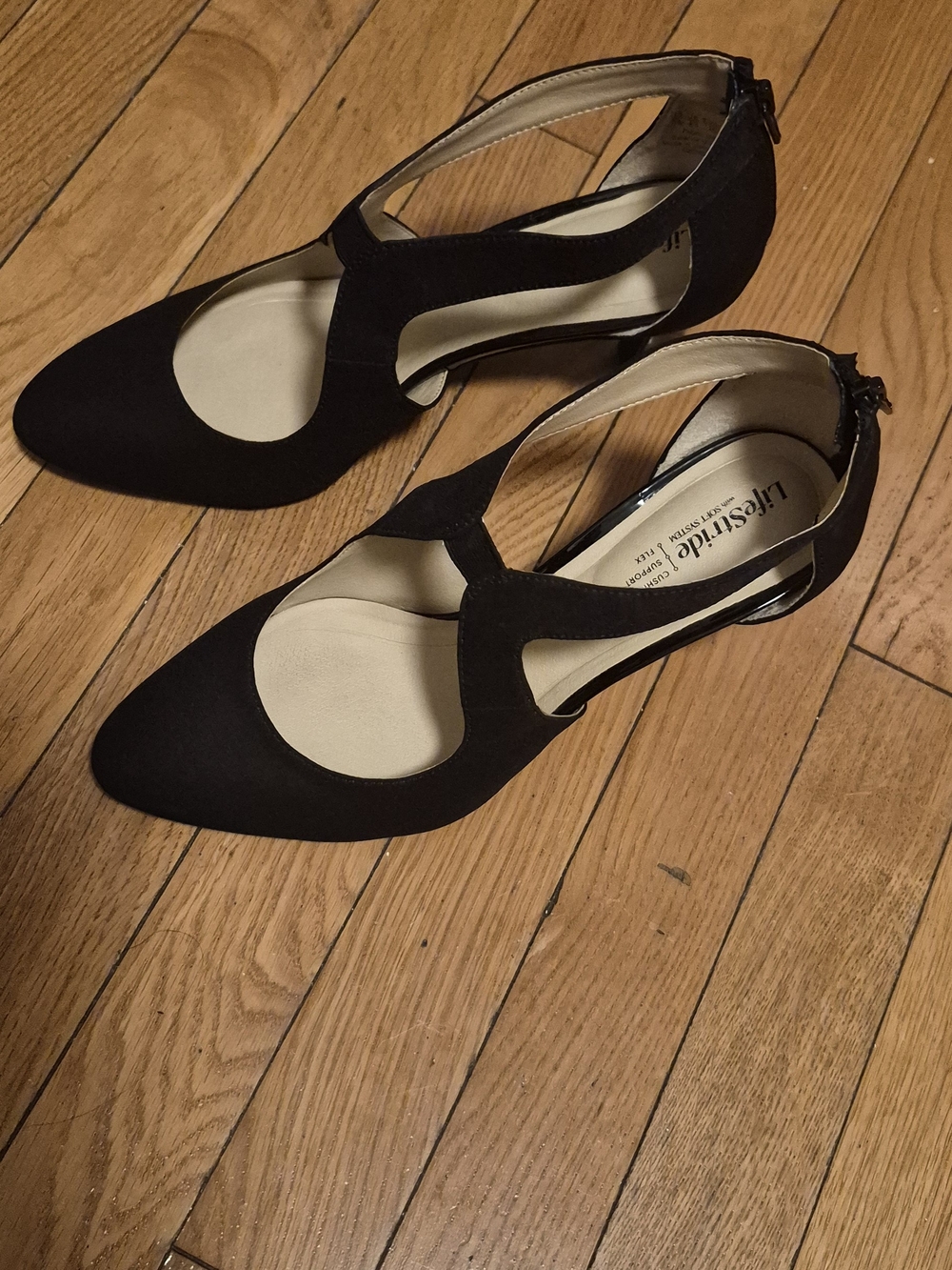 Life Stride Black Pointed T-Strap Heels with Back Zip